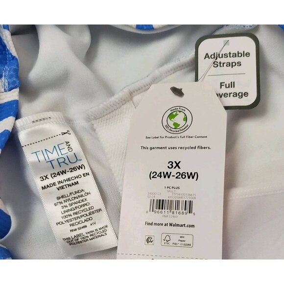 NWT Time & Tru Women’s Sz 3X Blue White Stripe One-Piece Padded Swimsuit NWT - Picture 5 of 6